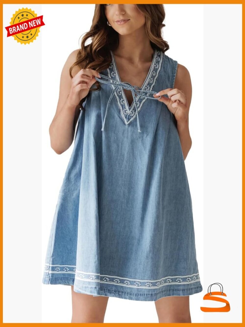 Embroidered Sleeveless V-Neck Mini Denim Dress Summer Jean Dress Casual